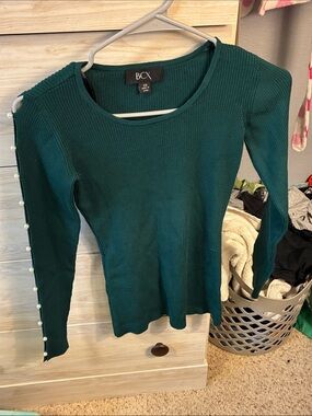 BCX Teal Ribbed Knit Top with Pearl-Accent Sleeve